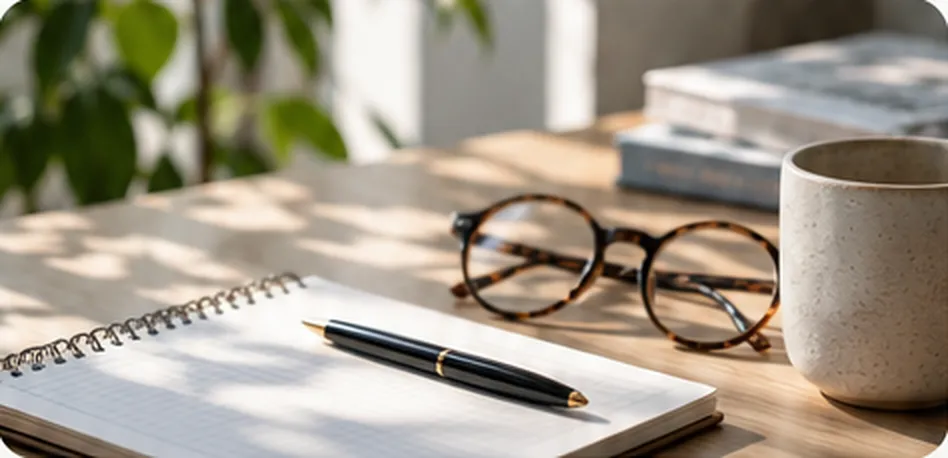 Carnet, stylo et lunettes posés sur un bureau